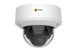 Überwachungskamera in Kuppelform mit "eneo"-Logo auf weißem Hintergrund.