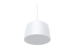Eine hängende, weiße, zylindrische Lampe mit rundem Lautsprecher an der Unterseite.