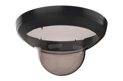 Eine schwarze Kuppelüberwachungskamera mit transparenter Abdeckung.
