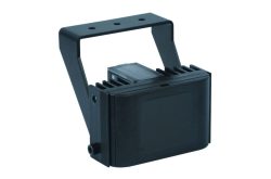 Ein schwarzer LED-Scheinwerfer mit rechteckigem Gehäuse und Halterung.