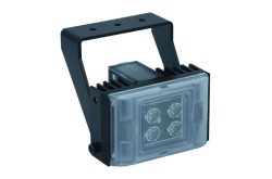 LED-Flutlichtstrahler mit schwarzem Gehäuse und Halterung, vier LEDs sichtbar hinter einer klaren Abdeckung.
