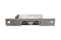 Elektrischer Türöffner aus Metall mit Anschlussdrähten und Befestigungslöchern.