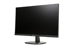 Ein schwarzer Computermonitor mit schmalem Rahmen, montiert auf einem stabilen Standfuß.