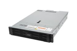 Ein silbernes Rackmount-Servergehäuse mit schwarzer Frontblende und Markenlogo in der Mitte.