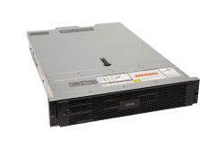 Ein rackmontierter Server mit metallischen Gehäuse und schwarzer Frontplatte.