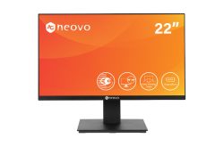 Ein 22-Zoll-Monitor der Marke AG Neovo mit orangefarbenem Bildschirmhintergrund, Logos für flimmerfreie Wiedergabe, großen Betrachtungswinkel und DisplayPort.