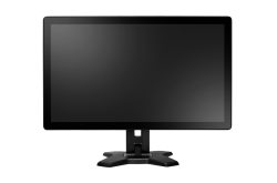 Flacher Computermonitor mit schwarzem Rahmen und Standfuß auf weißem Hintergrund.
