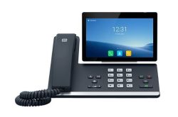 Ein modernes Tischtelefon mit großem Display und Zifferntastatur.