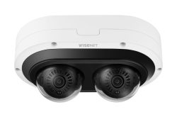 Überwachungskamera von Wisenet mit zwei Linsen in einem weißen Gehäuse.