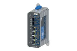Ein Industrie-Ethernet-Switch mit fünf RJ45-Ports und Schraubhalterung.