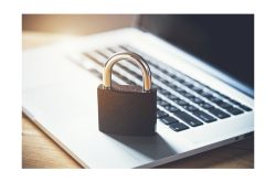 Lock on laptop as computer protection and cyber safety concept. Private data protection from hacker malware