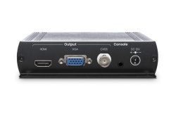 Vorderansicht eines elektronischen Geräts mit HDMI-, VGA-, CVBS-Ausgang und DC 12V-Anschluss.