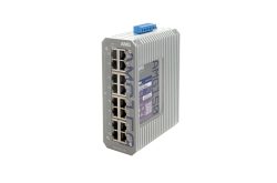 Industrieller Netzwerkschalter von AMG mit sechs Ethernet-Ports und grauem Gehäuse.