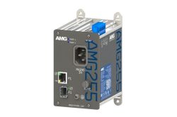 Industriegerät AMG2555 in grau mit blauen Akzenten, zeigt Netz- und Verbindungsschnittstellen.