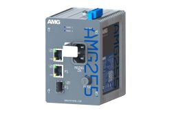 Ein elektrisches Gerät von AMG namens AMG255 mit verschiedenen Anschlüssen und LED-Anzeigen auf der Vorderseite.