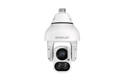 Weiße Überwachungskamera von Avigilon mit rundem Gehäuse und zwei Objektiven.