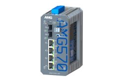 Ein Industrierouter von AMG mit mehreren Ethernet-Anschlüssen und einem robusten Gehäuse.