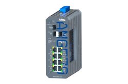 Ein industrieller Netzwerk-Switch mit mehreren Ethernet-Ports und einem robusten Gehäuse, möglicherweise von der Marke AMG.