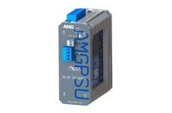 DC-DC-Wandler von AMG mit blauen Anschlussklemmen und Lüftungsschlitzen, geeignet für Spannungsanpassung und PoE-Booster.