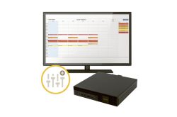 Ein Flachbildschirm zeigt ein Planungsdiagramm. Darunter befindet sich ein schwarzer Receiver oder Mediaplayer. Links unten ist ein Symbol mit Reglergrafik im Kreis.