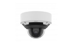 Eine weiße Überwachungskamera in Dome-Form von Wisenet, mit einem schwarzen Sockel und einer gläsernen Kuppel.