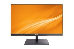 Monitor mit einem orangefarbenen Bildschirm und schmalem Rahmen; Logo "eneo" auf der unteren Leiste.