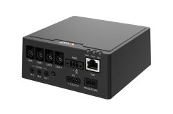Ein schwarzer Netzwerk-Videorekorder mit mehreren Anschlussmöglichkeiten, inklusive Kameraeingängen, Audioanschlüssen, einem Ethernet-Port und einer RS232/RS485-Schnittstelle.