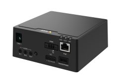 Kompakte schwarze elektronische Box mit verschiedenen Anschlüssen wie Audio, RS232/RS485, PoE und Netzwerkschnittstelle.