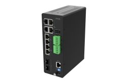 Ein schwarzer Netzwerk-Switch mit mehreren Ethernet-Ports und zwei grünen Blockanschlüssen an der Vorderseite.