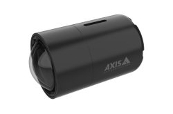 Schwarze zylindrische Kamera von Axis Communications mit Kuppelobjektiv.