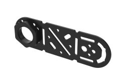 Schwarzes Metallteil mit ovalen und runden Aussparungen, vermutlich eine Befestigungs- oder Montageplatte.