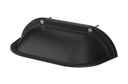 Schwarze, gewölbte Wandlampe mit zwei Schrauben an der oberen Kante.
