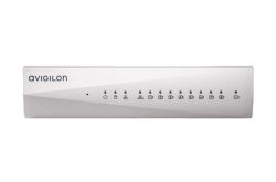 Ein weißes Avigilon-Netzwerkgerät mit mehreren Leuchtanzeigen und Symbolen auf der Vorderseite.