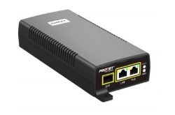 Ein schwarzes ProCET Power over Ethernet (PoE)-Gerät mit SFP-, LAN- und PoE-Anschlüssen auf der Vorderseite.