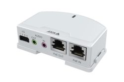 Ein weißes elektronisches Gerät mit Anschlüssen für I/O, Audio, PoE IN und PoE OUT von AXIS Communications.