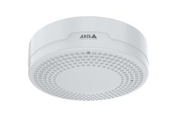 Ein weißer runder Deckenlautsprecher mit dem Logo "AXIS Communications".