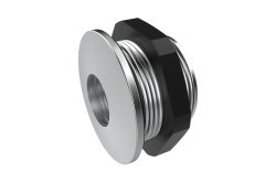 Eine silberne, zylindrische Metallverschraubung mit schwarzer Sechskantmutter.