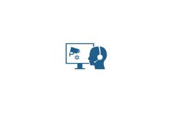 Blaues Piktogramm eines Kopfs mit Headset vor einem Monitor mit Kamera- und Zahnrad-Symbolen.