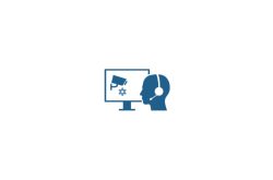 Symbol eines Kopfs mit Headset vor einem Bildschirm, der eine Überwachungskamera und ein Zahnrad zeigt.