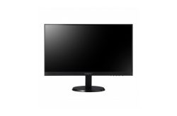 Ein schwarzer Computermonitor von Wisenet mit einem dünnen Rahmen auf einem runden Standfuß.