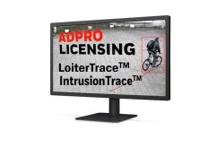 Monitor mit der Aufschrift "ADPRO LICENSING LoiterTrace™ IntrusionTrace™" und einem Bild eines Radfahrers in einem rechteckigen Rahmen.
