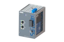 Ein graues elektronisches Gerät von AMG mit zwei Netzwerkanschlüssen und blauer Beschriftung "AMG155".