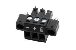 Ein schwarzer Batteriehalter mit markierten Anschlüssen für Plus und Minus.