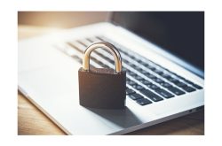Lock on laptop as computer protection and cyber safety concept. Private data protection from hacker malware