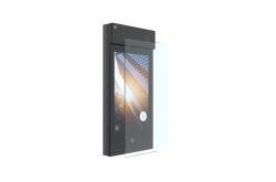 Ein digitaler Bildschirm mit einem Architekturmotiv und technischen Symbolen, umgeben von einem Glasrahmen.