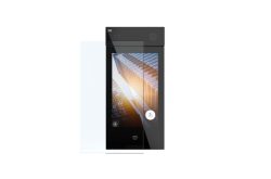 Ein modernes, schwarzes Smart-Home-Kontrollgerät mit Touchscreen, der ein hoch aufragendes Gebäude bei Sonnenuntergang zeigt.