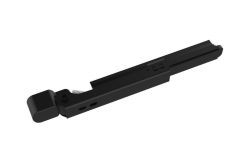 Schwarzes mechanisches Bauteil, möglicherweise eine Führungsschiene oder ein Teil eines Scharniers.