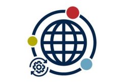 Ein Symbol mit einem stilisierten Globus, umgeben von einem Kreis mit drei bunten Punkten und einem Zahnrad-Symbol.