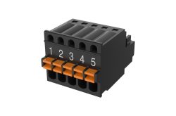 Ein schwarzer, fünfpoliger Steckverbinder mit nummerierten Klemmen von 1 bis 5 und orangefarbenen Hebeln.