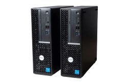 Zwei schwarze Desktop-Computer mit Frontseiten, die USB-Anschlüsse und ein optisches Laufwerk zeigen.